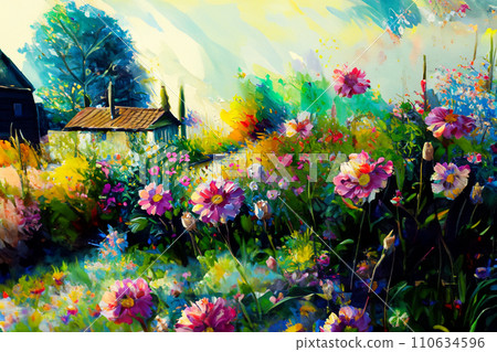 小房子和鮮花的油畫風格插圖 小房子和鮮花的油畫風格插圖 110634596