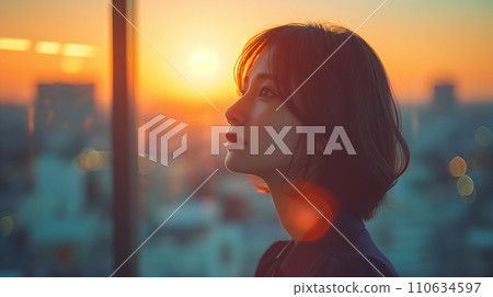 AI image of a woman looking at the city from her office window 110634597