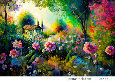 小房子和鮮花的油畫風格插圖 110634598