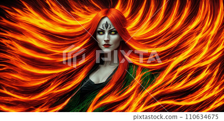 Woman with flaming flying hair 110634675
