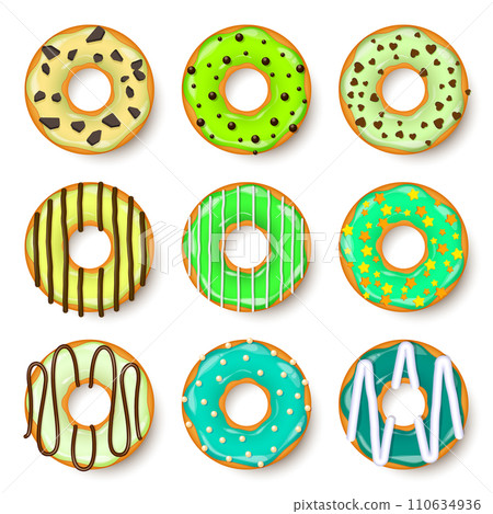 Donut, begel with cream. Cookies,cookie cake set. Sweet dessert with sugar and caramel. Tasty breakfast cooking. Cafateria food, snack. Coffee shop.Vector illustration. 110634936