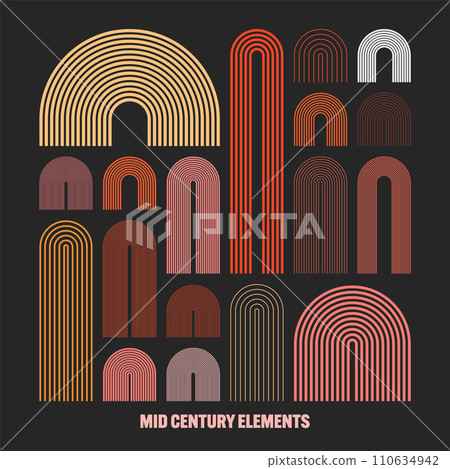 Mid century arch elements, modern geometric shapes. Contemporary design, minimalist art. Trendy design elements for wall decor, posters, books, covers and flyers. Vector illustration 110634942