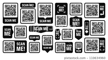Scan me QR code sticker. Online payment. Special offer sale stickers, shopping discount label or promotional badge. Serial number, product ID. Supermarket retail label, price tag. Vector illustration 110634960