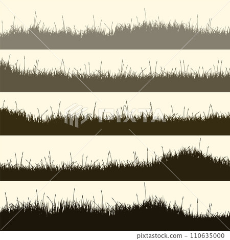 Meadow silhouettes with grass, plants on plain. Panoramic summer lawn landscape with herbs, various weeds. Herbal border, frame element. Brown horizontal banners. Vector illustration Meadow silhouettes with grass, plants on plain. Panoramic summer lawn landscape with herbs, various weeds. Herbal border, frame element. Brown horizontal banners. Vector illustration 110635000