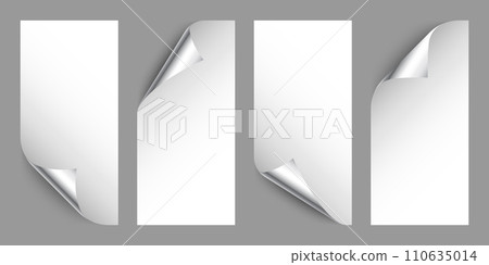 Set of silver paper curls. Curled page corner with shadow. Blank sheet of paper. Colorful shiny foil. Design element for advertising and promotion. Vector illustration. Set of silver paper curls. Curled page corner with shadow. Blank sheet of paper. Colorful shiny foil. Design element for advertising and promotion. Vector illustration. 110635014