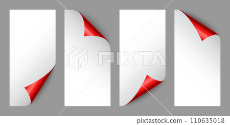 Set of red paper curls. Curled page corner with shadow. Blank sheet of paper. Colorful shiny foil. Design element for advertising and promotion. Vector illustration. 110635018