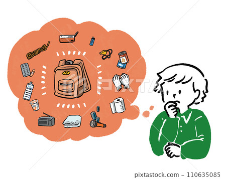 Hand-drawn style illustration of a man thinking about disaster prevention goods Hand-drawn style illustration of a man thinking about disaster prevention goods 110635085