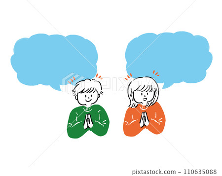 Hand-drawn simple frame illustration set of men and women smiling and putting their hands together 110635088