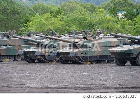 Japan Ground Self-Defense Force Type 10 tanks lined up 110635323