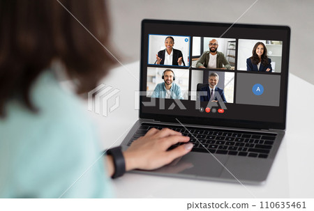 Multiethnic group of people using laptop for online conference meeting 110635461