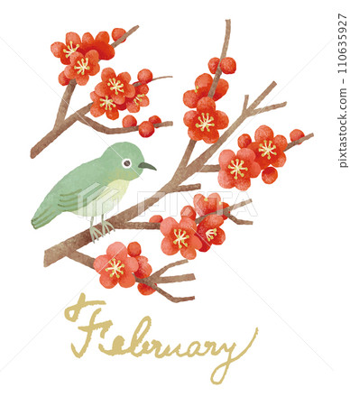 Birds and flowers in February - white-eye and red plum Birds and flowers in February - white-eye and red plum 110635927