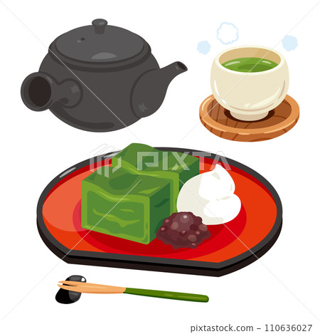 Matcha cake and tea set served in a bowl 110636027