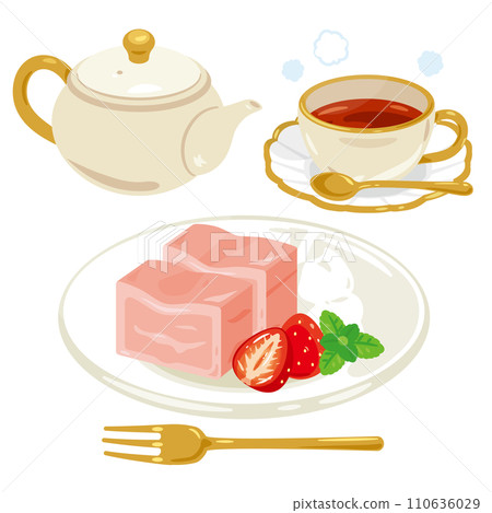 A set of strawberry cake and hot tea on a plate A set of strawberry cake and hot tea on a plate 110636029