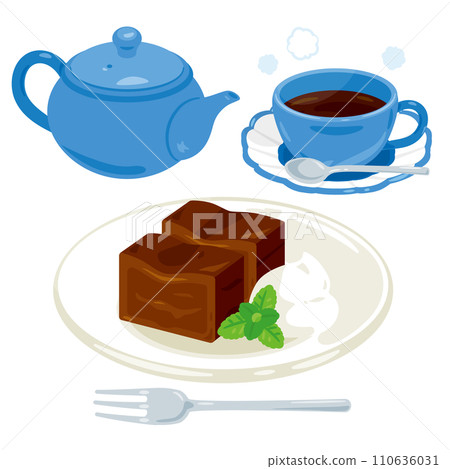 A set of chocolate cake and hot coffee on a plate 110636031