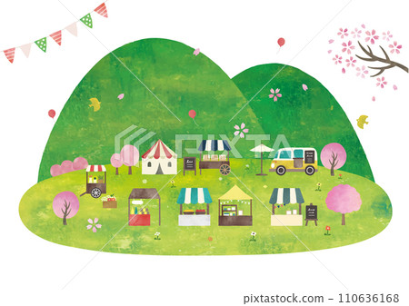 馬爾凱、櫻花、草地和山水彩畫 110636168