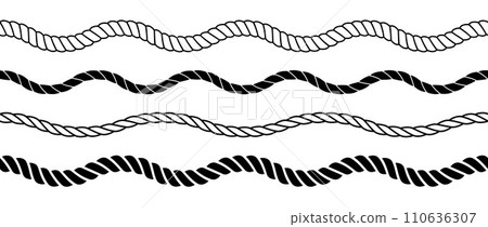 Set of rope waves. Repeating hemp cord stripes collection. Waving chain, braid, plait bundle. Seamless decorative plait pattern. Vector marine twine design elements for banner, poster, frame, border Set of rope waves. Repeating hemp cord stripes collection. Waving chain, braid, plait bundle. Seamless decorative plait pattern. Vector marine twine design elements for banner, poster, frame, border 110636307