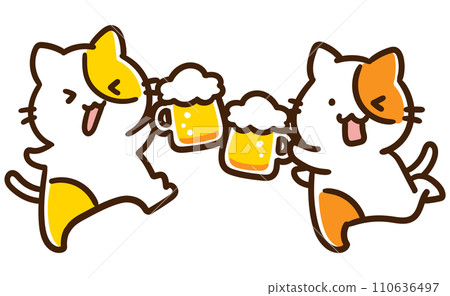 Deformed illustration of cute cats toasting with mugs of draft beer Deformed illustration of cute cats toasting with mugs of draft beer 110636497