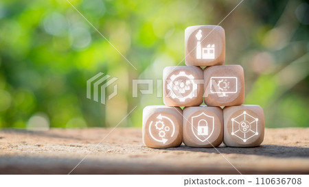 Industrial control system concept, Wooden block on wooden desk with industrial control system icon on virtual screen. Industrial control system concept, Wooden block on wooden desk with industrial control system icon on virtual screen. 110636708