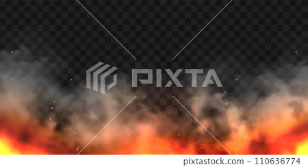 Realistic smoke clouds and fire. Flame blast, explosion. Stream of smoke from burning objects. Forest fires. Transparent fog effect. White steam, mist. Vector design element. Realistic smoke clouds and fire. Flame blast, explosion. Stream of smoke from burning objects. Forest fires. Transparent fog effect. White steam, mist. Vector design element. 110636774