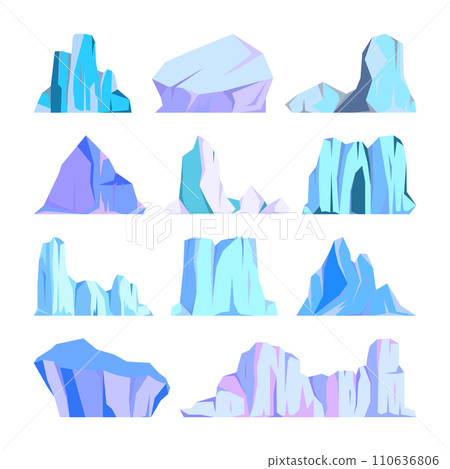 Floating icebergs collection. Drifting arctic glacier, block of frozen ocean water. Icy mountains with snow. Melting ice peak. Antarctic snowy landscape. South and North Pole. Vector illustration. 110636806