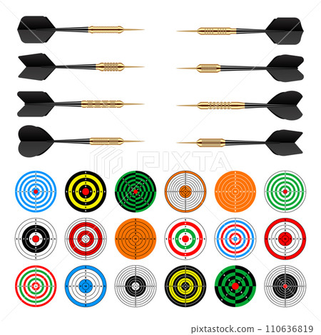 Paper targets with dart arrows. Shooting range round target, divisions, marks and numbers. Gun shooting practise and training, sport competition, hunting. Bullseye and aim. Vector illustration 110636819