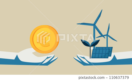 I have a coin in my hand. The other hand has sprouts, wind power, and solar panels. 110637379