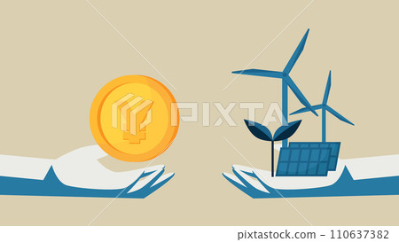 I have a coin in my hand. The other hand has sprouts, wind power, and solar panels. 110637382