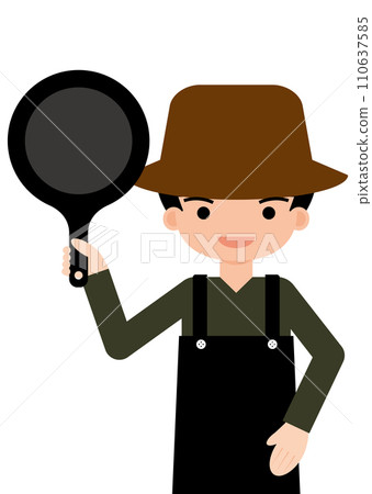 一個戴著帽子的男人試圖做飯 一個戴著帽子的男人試圖做飯 110637585