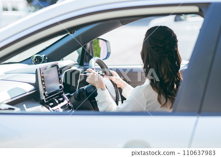 Female driver driving a car (parking, parking, checking left and right) Female driver driving a car (parking, parking, checking left and right) 110637983
