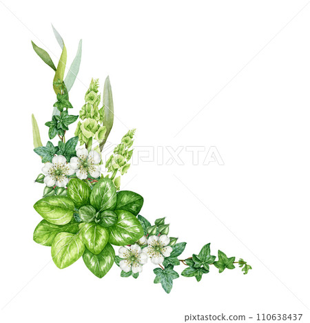 Green floral lush vintage style decor. Watercolor painted illustration. Hand drawn floral botanical decoration element. Green leaves, garden flowers natural decor element. White background Green floral lush vintage style decor. Watercolor painted illustration. Hand drawn floral botanical decoration element. Green leaves, garden flowers natural decor element. White background 110638437