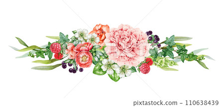 Lush flower decor. Watercolor vintage style illustration. Hand painted garden lush flowers with green leaves decoration. Pink peony, freesia, ivy leaf element. Spring natural decor. White background Lush flower decor. Watercolor vintage style illustration. Hand painted garden lush flowers with green leaves decoration. Pink peony, freesia, ivy leaf element. Spring natural decor. White background 110638439