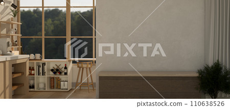A modern Scandinavian spacious room with a long wooden bench against the wall and kitchen. 110638526