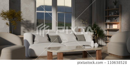 A modern, cosy living room with a comfortable white couch, a coffee table, and home decor. A modern, cosy living room with a comfortable white couch, a coffee table, and home decor. 110638528