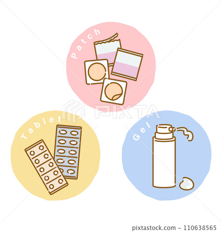 Three types of drugs (tablets, patches, and gels) used for hormone filling therapy for women's menopausal symptoms 110638565