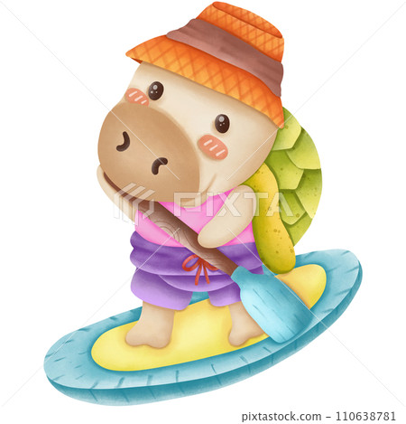 Watercolor cartoon turtle riding a boat in summer Watercolor cartoon turtle riding a boat in summer 110638781
