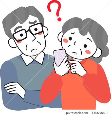 Illustration of a senior couple who are having trouble knowing how to use a smartphone 110638802
