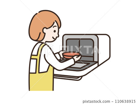 Illustration of a woman using a microwave oven 110638915