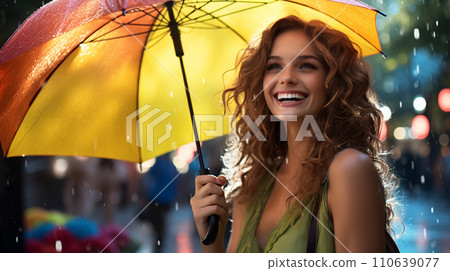 AI 生成的微笑的打著雨傘的女人的圖像 AI 生成的微笑的打著雨傘的女人的圖像 110639077