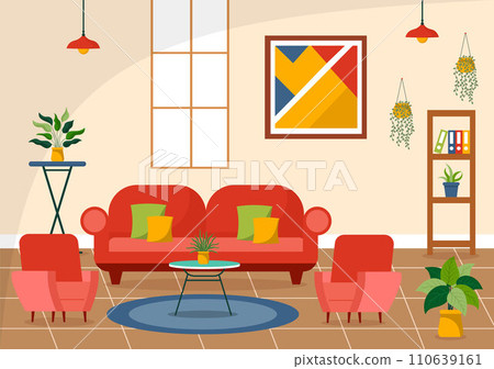 Home Decor Vector Illustration with Living Room Interior and Furniture such as Comfortable Sofa, Window, Chair, House Plants and Accessories Home Decor Vector Illustration with Living Room Interior and Furniture such as Comfortable Sofa, Window, Chair, House Plants and Accessories 110639161