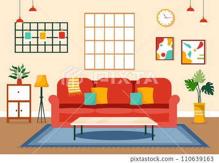 Home Decor Vector Illustration with Living Room Interior and Furniture such as Comfortable Sofa, Window, Chair, House Plants and Accessories Home Decor Vector Illustration with Living Room Interior and Furniture such as Comfortable Sofa, Window, Chair, House Plants and Accessories 110639163