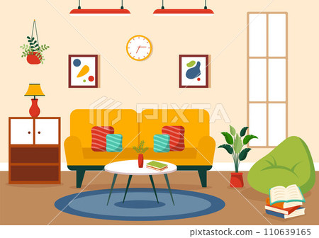Home Decor Vector Illustration with Living Room Interior and Furniture such as Comfortable Sofa, Window, Chair, House Plants and Accessories 110639165