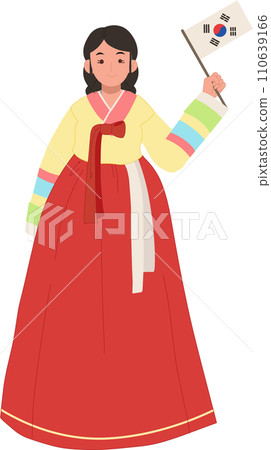 Happy Smiling Woman in Korean Traditional Dress Hanbok Holding South Korea Flag 110639166