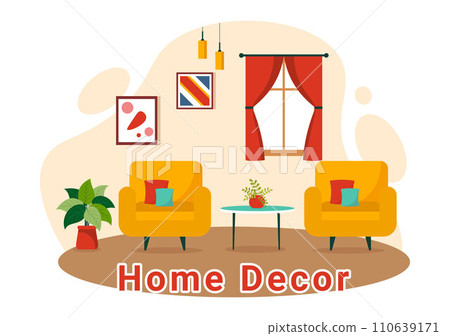 Home Decor Vector Illustration with Living Room Interior and Furniture such as Comfortable Sofa, Window, Chair, House Plants and Accessories 110639171