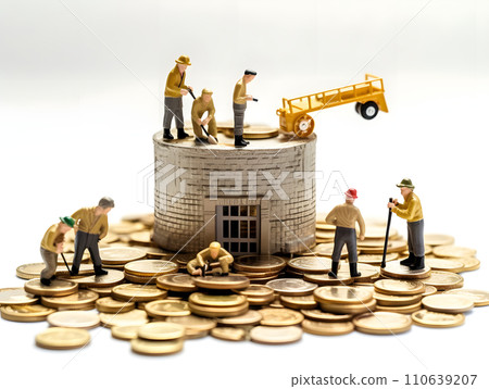 Working with a pile of coins by miniature workers: the art of economy and savings Working with a pile of coins by miniature workers: the art of economy and savings 110639207