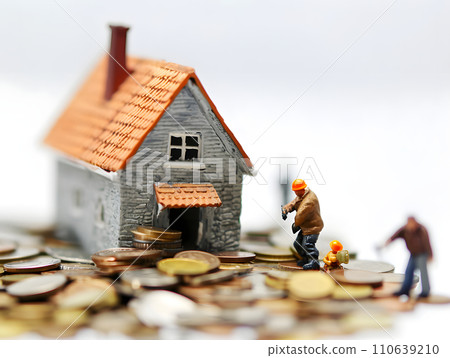 Working with a pile of coins by miniature workers: the art of economy and savings Working with a pile of coins by miniature workers: the art of economy and savings 110639210