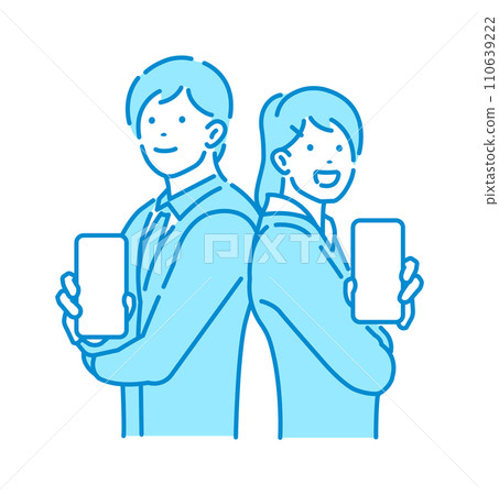 Vector illustration of young male and female office workers holding smartphones/smartphones in their hands Vector illustration of young male and female office workers holding smartphones/smartphones in their hands 110639222