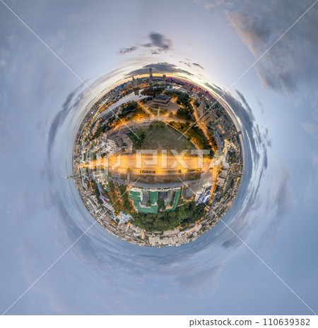 Yekaterinburg city with Buildings of Regional Government and Parliament, Dramatic Theatre, Iset Tower, Yeltsin Center, Aerial View. Little planet sphere mode 110639382