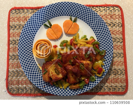 Healthy Lunch With Basa fillet fish fried with Capsicum and little oil. Eating healthy Lunch , Top View Healthy Lunch With Basa fillet fish fried with Capsicum and little oil. Eating healthy Lunch , Top View 110639508