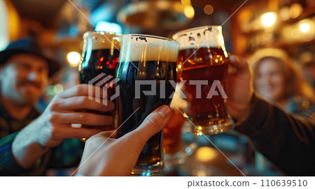 Close-Up of Man Holding Beer Glass in Traditional Irish Pub with Warm Lighting Close-Up of Man Holding Beer Glass in Traditional Irish Pub with Warm Lighting 110639510