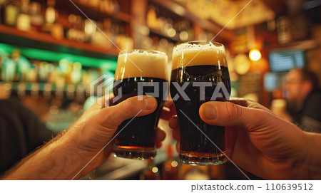 Close-Up of Man Holding Beer Glass in Traditional Irish Pub with Warm Lighting 110639512